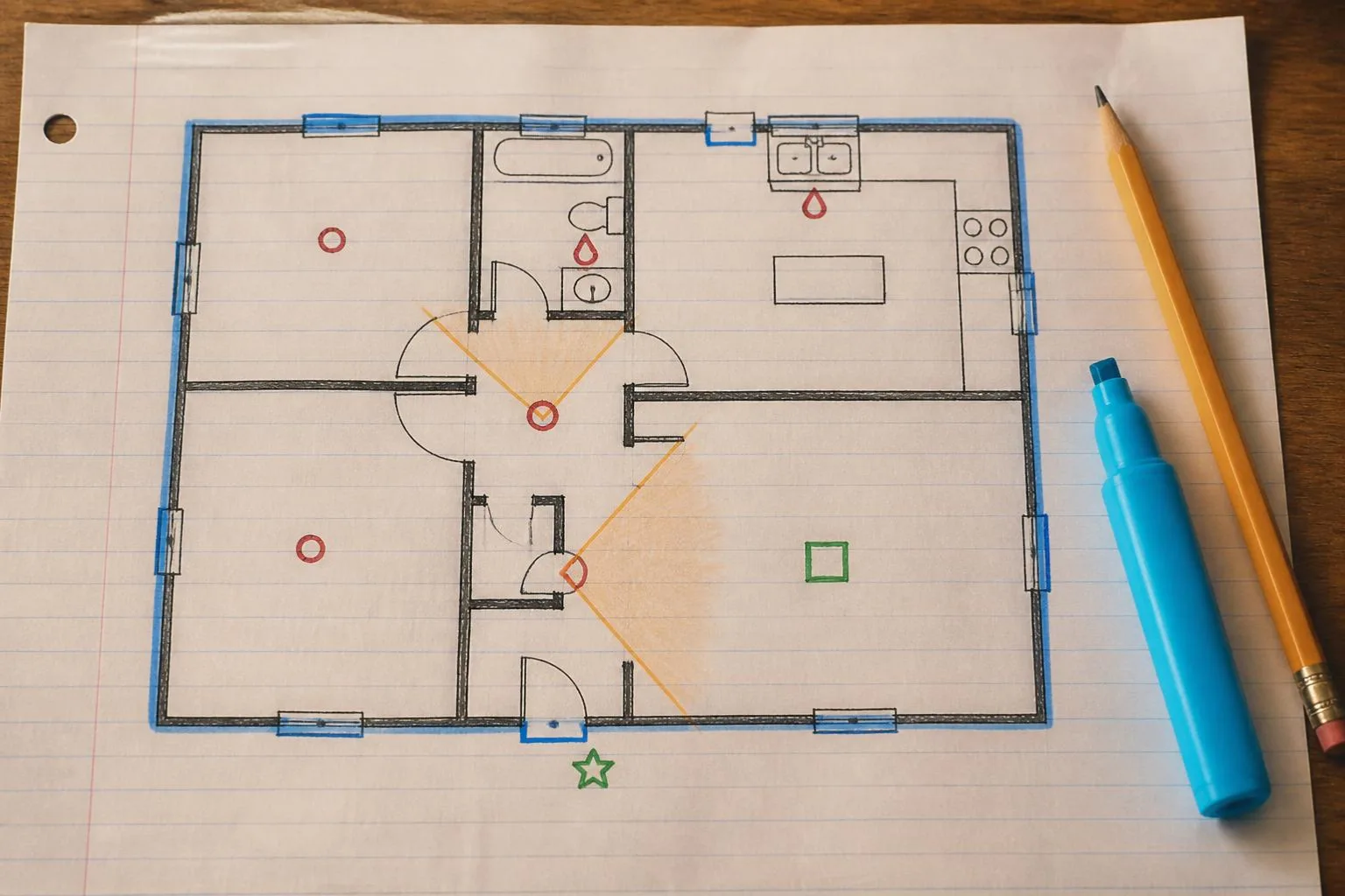 A hand-drawn floor plan marking the alarm zones: contact sensors on every door and window, motion sensor coverage in the hallway and living room, smoke and water sensors, the hub and the keypad